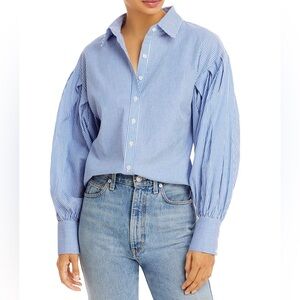 Aqua Blue Puff Sleeve Button Down Shirt